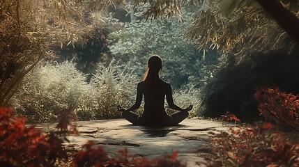 A woman meditating in a peaceful garden, surrounded by nature, symbolizing her New Year resolution for mindfulness and personal growth, soft lighting, real photo, stock photograph