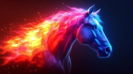 Fototapeta premium A horse with a fiery mane and tail is shown in a blue and red color scheme