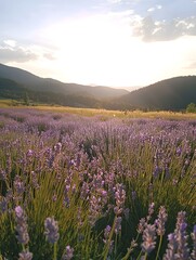 Fototapeta premium Lavender fields stretching under a clear sky radiate vibrant purple hues and a soothing fragrance