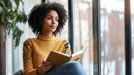 A woman sitting by a window with a journal in hand, thoughtfully reflecting on her wins and losses from the past year, soft natural light illuminating her face, real photo, stock photograph