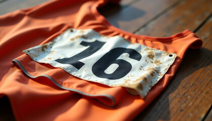 Race bib number sixteen with dirt on an orange jersey fabric