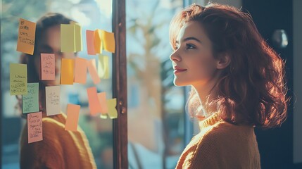 A woman standing in front of a mirror, confidently reviewing her New Year resolutions written on sticky notes, bright and motivational ambiance, real photo, stock photograph