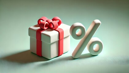 A White Gift Boxes with Red Ribbon and Huge Percent Symbol 