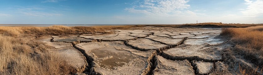 Cracked Salt Encrusted Soil Near Receding Shoreline Remnants of Coastal Village Visible