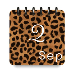 September. Leopard print calendar daily icon. White letters. Date day week Sunday, Monday, Tuesday, Wednesday, Thursday, Friday, Saturday.