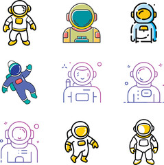 Set of astronaut in various styles icons. Spaceman galaxy exploration. Astronomy intergalactic star mission flight, galactic research concept. Flat man for comic, games and other design