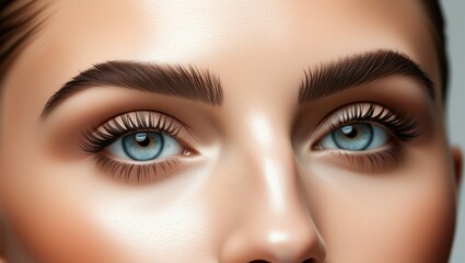 Fototapeta premium Close-up facial features, piercing blue eyes, perfectly groomed eyebrows, flawless skin, warm tones, high contrast, beauty photography, soft lighting, ultra-detailed, photorealistic, 8k resolution, be