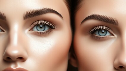 Naklejka premium Close-up facial features, piercing blue eyes, perfectly groomed eyebrows, flawless skin, warm tones, high contrast, beauty photography, soft lighting, ultra-detailed, photorealistic, 8k resolution, be