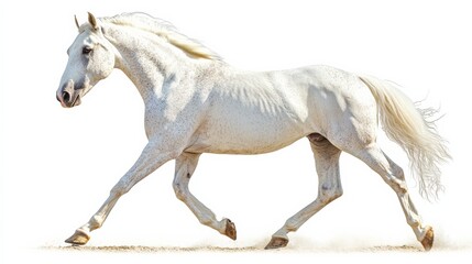 Obraz premium A white horse runs energetically on a white background, highlighting its form and the purity of the scene.
