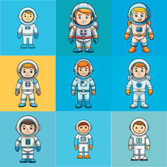 Set of astronaut in various poses in outer space. Spaceman galaxy exploration. Astronomy intergalactic star mission flight, galactic research concept. Flat man for comic, games and other design