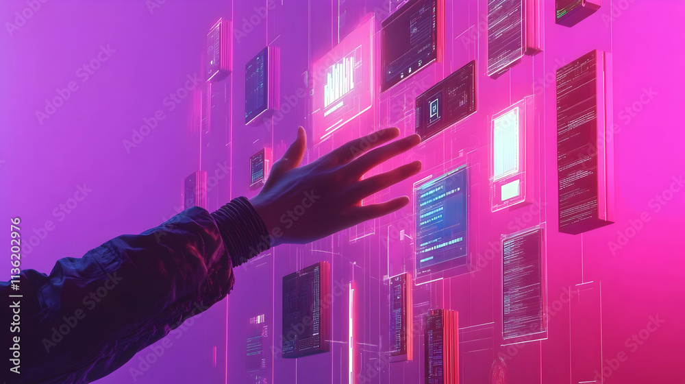 Poster hand interacting with a holographic interface displaying data and code.