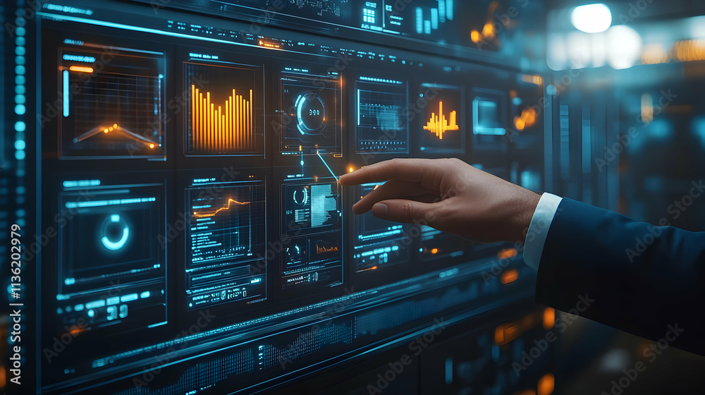 Poster Hand interacting with a futuristic holographic interface displaying data analytics charts and graphs.