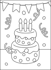 Coloring page. Big birthday cake with candles. Black and white cake. Color me. Isolated vector illustration eps 10