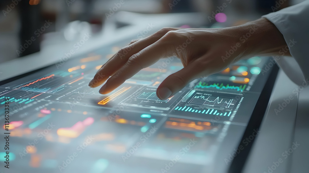Poster hand interacting with futuristic interactive touchscreen display showing data analytics.