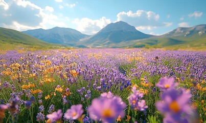 Fototapeta premium Lavender fields stretching under a clear sky radiate vibrant purple hues and a soothing fragrance