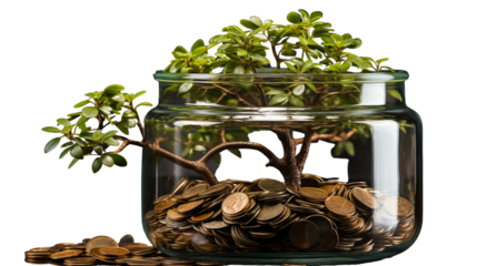 Creative depiction of a coin-filled jar with a tree sprouting, representing financial growth, isolated on transparent background.