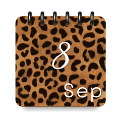 September. Leopard print calendar daily icon. White letters. Date day week Sunday, Monday, Tuesday, Wednesday, Thursday, Friday, Saturday.