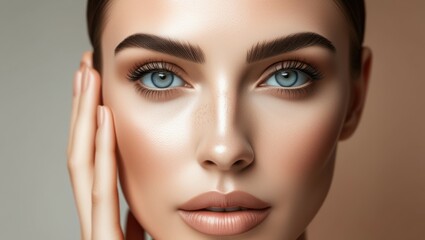 Fototapeta premium Close-up facial features, piercing blue eyes, perfectly groomed eyebrows, flawless skin, warm tones, high contrast, beauty photography, soft lighting, ultra-detailed, photorealistic, 8k resolution, be