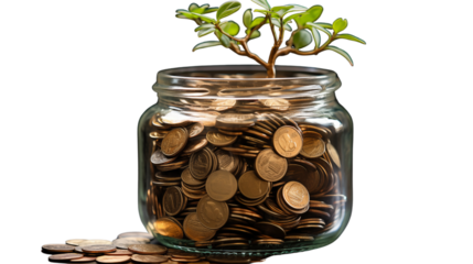 A symbolic image of a jar with coins and a tree, emphasizing savings and environmental sustainability, isolated on transparent background.