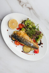 Grilled mackerel fillet is served on a white oval plate with grilled vegetables, fresh salad, lemon slice, and balsamic sauce on a marble table. Restaurant or cafe menu, cookbook recipe