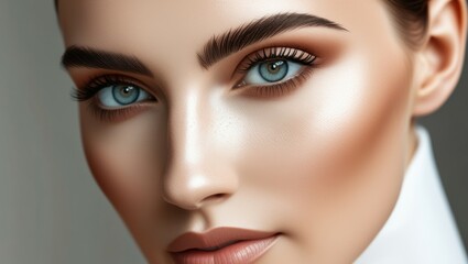 Fototapeta premium Close-up facial features, piercing blue eyes, perfectly groomed eyebrows, flawless skin, warm tones, high contrast, beauty photography, soft lighting, ultra-detailed, photorealistic, 8k resolution, be