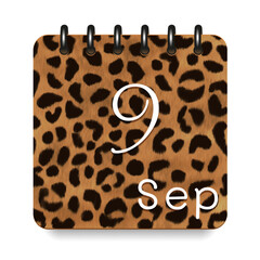 September. Leopard print calendar daily icon. White letters. Date day week Sunday, Monday, Tuesday, Wednesday, Thursday, Friday, Saturday.