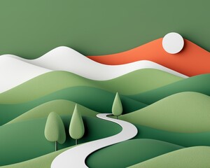 Fototapeta premium Abstract landscape with rolling hills, a winding path, and a stylized sun, rendered in paper-cut style. Green and orange hues dominate the scene.