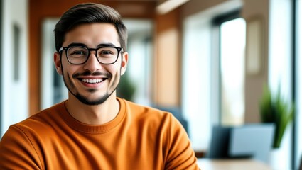 Fototapeta premium Portrait, young man, glasses, bright orange sweater, confident smile, white teeth, short dark hair, styled haircut, office hallway background, professional environment, warm lighting, shallow depth of
