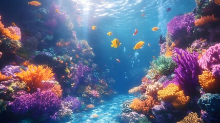 A colorful underwater scene with many fish swimming around. The fish are of different colors and sizes, and they are swimming in a coral reef. The scene is vibrant and lively