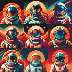Set of astronaut in various poses in outer space. Spaceman galaxy exploration. Astronomy intergalactic star mission flight, galactic research concept. Flat man for comic, games and other design