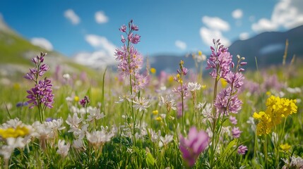 Fototapeta premium A vast field of multi-colored flowers stretches out in front of the blue sky. The atmosphere is calm and peaceful. The flowers give a sense of peace and tranquility.