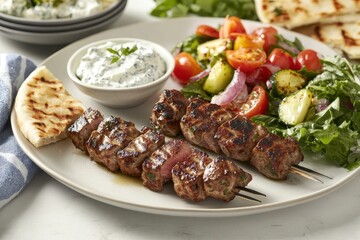 A delicious plate featuring grilled kebabs, salad, yogurt dip, and flatbread.