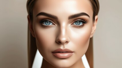 Close-up facial features, piercing blue eyes, perfectly groomed eyebrows, flawless skin, warm tones, high contrast, beauty photography, soft lighting, ultra-detailed, photorealistic, 8k resolution, be
