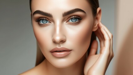 Close-up facial features, piercing blue eyes, perfectly groomed eyebrows, flawless skin, warm tones, high contrast, beauty photography, soft lighting, ultra-detailed, photorealistic, 8k resolution, be