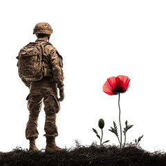 A 3D rendering of an American soldier standing next to a stylized poppy flower isolated against a transparent background ideal for remembrance, military, or tribute-themed designs