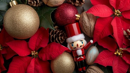 Festive holiday scene with red poinsettias, ornaments, and a nutcracker, perfect for Christmas decor inspiration.