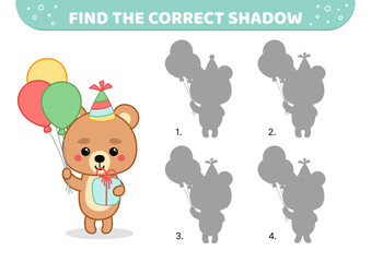 Find the correct shadow. Bear Bithday party. Shadow matching game. Cartoon, isolated vector illustration eps 10