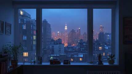 Rainy Night Cityscape Viewed From Apartment Window