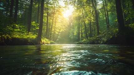 Obraz premium A stream of water flows through a forest, with sunlight shining through the trees. The scene is peaceful and serene, with the water reflecting the sunlight and creating a calming atmosphere