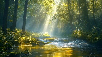 Obraz premium A stream of water flows through a forest, with sunlight shining through the trees. The scene is peaceful and serene, with the water reflecting the sunlight and creating a calming atmosphere