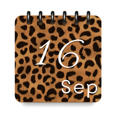 September. Leopard print calendar daily icon. White letters. Date day week Sunday, Monday, Tuesday, Wednesday, Thursday, Friday, Saturday.