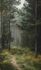 A serene, misty forest with tall trees and soft sunlight filtering through the canopy, creating a peaceful and mysterious atmosphere.