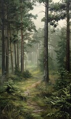 Fototapeta premium A serene, misty forest with tall trees and soft sunlight filtering through the canopy, creating a peaceful and mysterious atmosphere.