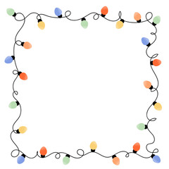 Square shaped decorated frame with colorful garland lights with empty space inside. Vector template for christmas, wedding or birthday celebration.