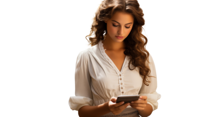 Elegant Latin woman in white dress, attentively using her mobile phone in a serene atmosphere, isolated on transparent background.