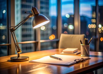 Night Photography of a Desk Scene Featuring Dummy Job Description Documents, Soft Lighting, and an Atmospheric Ambiance for Professional and Creative Use
