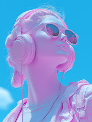 Pastel Pink Woman with Headphones and Sunglasses, Trendy Pop Art Style