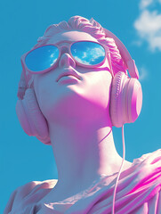 Ancient statue with modern headphones and sunglasses.  Art Deco, Aesthetic, Music, Culture Fusion.