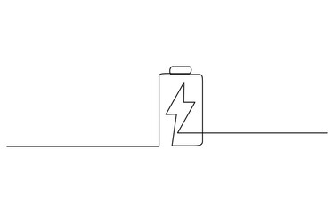 One continuous line drawing of battery charging. Lightning bolt symbol and electricity energy type, Continuous one line drawing of Battery with bolt symbol. Battery single line vector illustration.