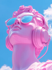 Pink Statue with Headphones and Sunglasses, Modern Art, Music, and Style
